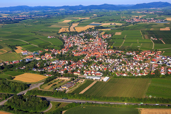 Village view beyond the A65 from the east in Insheim in the state Rhineland-Palatinate, Germany