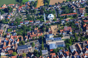 Aerial view of St. George's Church, town hall and primary school on the market square from the south in Kandel in the state Rhineland-Palatinate, Germany