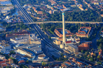 Exhaust chimney of Erlanger Stadtwerke AG opposite Erlangen Arcaden in the district Tal in Erlangen in the state Bavaria, Germany