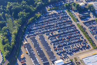 Parking space for produced DAIMLIER truck tractors at the Wörth automobile plant of the Industriepark Wörth GmbH in the district Maximiliansau in Wörth am Rhein in the state Rhineland-Palatinate, Germany