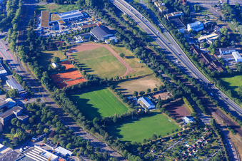 Sports fields of DJK Blau-Weiß Mühlburg eV and tennis courts of Turnerschaft Mühlburg 1861 eV in the district Mühlburg in Karlsruhe in the state Baden-Wuerttemberg, Germany
