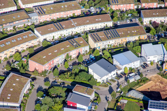 Aerial view of Single-family residential area of settlement Fuenfzig Morgen in Hohenwettersbach in the state Baden-Wurttemberg, Germany