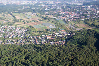 Aerial photograpy of District Wolfartsweier in Karlsruhe in the state Baden-Wuerttemberg, Germany