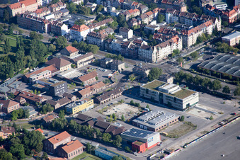 Aerial view of Old Slaughterhouse in the district Oststadt in Karlsruhe in the state Baden-Wuerttemberg, Germany