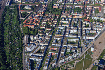 Aerial view of Residential development around Rahel-Straus-Straße between Citypark and Stuttgarter Straße in the district Südstadt in Karlsruhe in the state Baden-Wuerttemberg, Germany