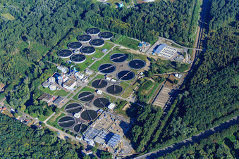 Oblique view of Sewage treatment plant Karlsruhe in the district Knielingen in Karlsruhe in the state Baden-Wuerttemberg, Germany