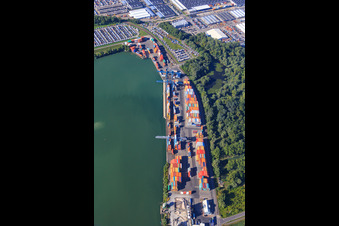 Aerial photograpy of Container loading by CONTARGO at the state port of Wörth in the district Maximiliansau in Wörth am Rhein in the state Rhineland-Palatinate, Germany