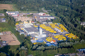 Aerial view of Building and production halls on the premises of Xella Deutschland GmbH in the district Freistett in Rheinau in the state Baden-Wurttemberg, Germany
