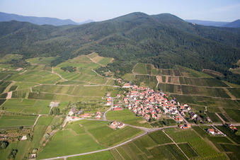 Oblique view of Village - view on the edge of agricultural fields and farmland in Dieffenthal in Grand Est, France