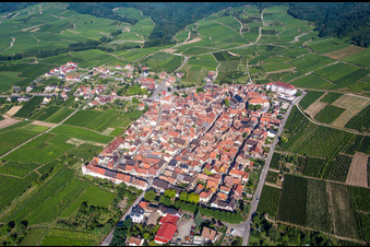 Aerial view of Village - view on the edge of wine yards in Saint-Hippolyte in Grand Est, France