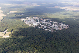 Aerial photograpy of Research building and office complex of KIT Campus North (former Kernforschungszentrum Karlsruhe) in the district Leopoldshafen in Eggenstein-Leopoldshafen in the state Baden-Wurttemberg