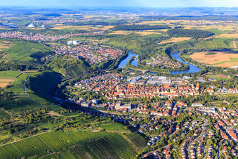 Aerial view of View of the town on the Neckar loop from the west in Besigheim in the state Baden-Wuerttemberg, Germany