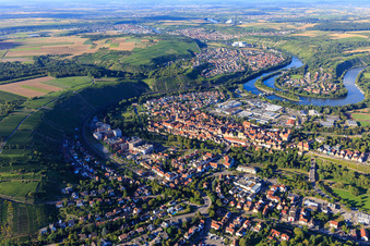Aerial view of Historic old town between Enz and Neckarschleife in Besigheim in the state Baden-Wuerttemberg, Germany