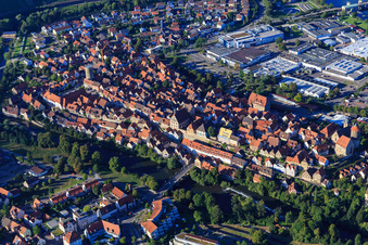 Aerial view of Historic old town above the Enz with Waldhorn Tower, city wall and registry office in Besigheim in the state Baden-Wuerttemberg, Germany