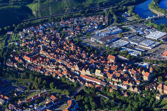 Aerial photograpy of Historic old town above the Enz with Waldhorn Tower, city wall and registry office in Besigheim in the state Baden-Wuerttemberg, Germany
