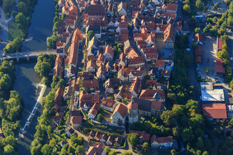 Historic old town with castle courtyard, tower, town church and school at the Steinhaus, SBBZ Learning in Besigheim in the state Baden-Wuerttemberg, Germany