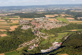 Village - view on the edge of agricultural fields and farmland in Kirchberg an der Murr in the state Baden-Wurttemberg, Germany