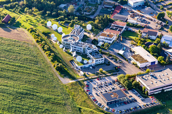 Parabolic antenna forest for satellite communication on Illerstr in the district Waldrems in Backnang in the state Baden-Wuerttemberg, Germany