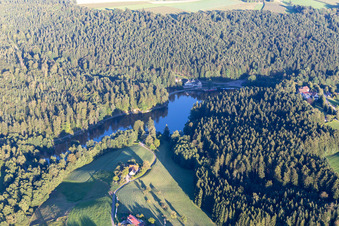 Aerial view of Riparian areas on the lake area of Ebnisee in the district Ebni in Kaisersbach in the state Baden-Wurttemberg