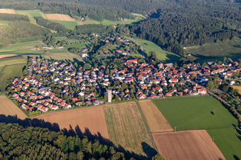 Aerial view of Village - view on the edge of agricultural fields and farmland in Kaisersbach in the state Baden-Wurttemberg, Germany