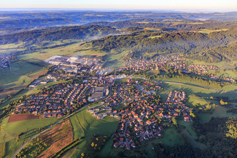Overview of towns from the north with Binderholz Oberrot | Baruth GmbH in Oberrot in the state Baden-Wuerttemberg, Germany