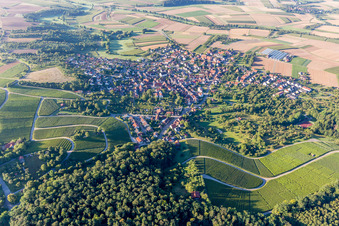 Aerial photograpy of Village - view on the edge of agricultural fields and farmland in Winzerhausen in the state Baden-Wurttemberg, Germany
