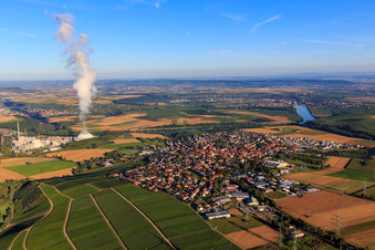 View of the nuclear power plant Neckarwestheim of EnBW Kernkraft GmbH from the east in Neckarwestheim in the state Baden-Wuerttemberg, Germany