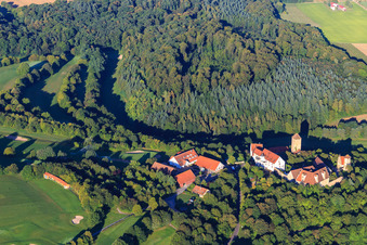 Aerial view of Liebenstein Castle at the Golf and Country Club Schloss Liebenstein eV in Neckarwestheim in the state Baden-Wuerttemberg, Germany