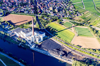Aerial photograpy of Village and Power plant Walheim (EnBW) on the river bank areas of Neckar in Walheim in the state Baden-Wurttemberg, Germany