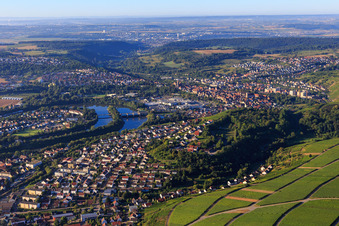 View of the town on the Neckar from the north in Walheim in the state Baden-Wuerttemberg, Germany