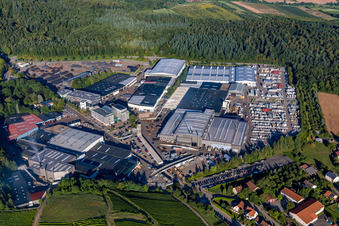 Aerial view of Building and production halls on the premises of Geruestbau Layher GmbH in the district Frauenzimmern in Gueglingen in the state Baden-Wurttemberg