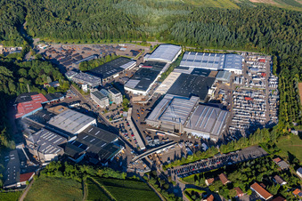 Aerial photograpy of Building and production halls on the premises of Geruestbau Layher GmbH in the district Frauenzimmern in Gueglingen in the state Baden-Wurttemberg