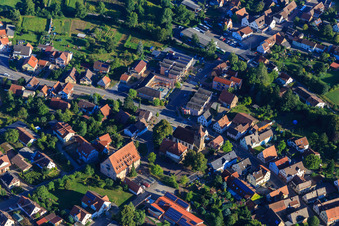 Aerial view of VBU Volksbank im Unterland eG - Branch Zaberfeld, Alexander-Stift, Town Hall Zaberfeld and Mauritius Church in Zaberfeld in the state Baden-Wuerttemberg, Germany