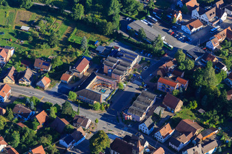Aerial photograpy of VBU Volksbank im Unterland eG - Branch Zaberfeld, Alexander-Stift, Town Hall Zaberfeld and Mauritius Church in Zaberfeld in the state Baden-Wuerttemberg, Germany