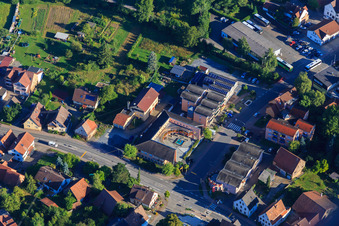 Oblique view of VBU Volksbank im Unterland eG - Branch Zaberfeld, Alexander-Stift, Town Hall Zaberfeld and Mauritius Church in Zaberfeld in the state Baden-Wuerttemberg, Germany