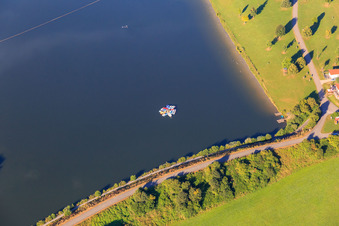 Aerial view of Lake Ehmetsklinge with inn on the lake in Zaberfeld in the state Baden-Wuerttemberg, Germany