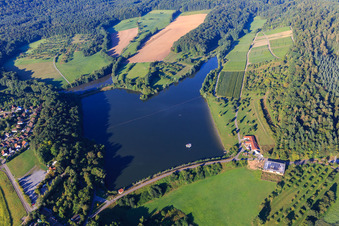Aerial photograpy of Lake Ehmetsklinge with inn on the lake in Zaberfeld in the state Baden-Wuerttemberg, Germany