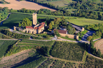 Aerial photograpy of Ravensburg Castle (Sulzfeld) in the morning on a hill with vineyards in Sulzfeld in the state Baden-Wuerttemberg, Germany