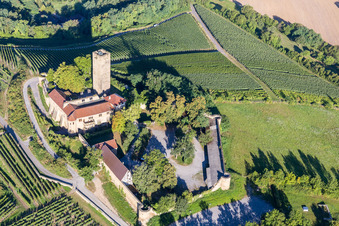 Aerial view of Castle of the fortress Ravensburg with restaurant in Sulzfeld in the state Baden-Wurttemberg, Germany