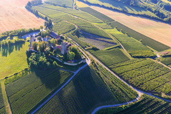 Ravensburg Castle (Sulzfeld) in the morning on a hill with vineyards in Sulzfeld in the state Baden-Wuerttemberg, Germany viewn from the air