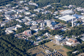 Campus building of the university KIT - Campus Nord (former Nuclear research centre Karlsruhe) in the district Leopoldshafen in Eggenstein-Leopoldshafen in the state Baden-Wurttemberg, Germany from above