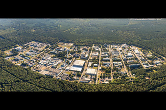 Panoramic perspective of Campus building of the university KIT - Campus Nord (former Nuclear research centre Karlsruhe) in the district Leopoldshafen in Eggenstein-Leopoldshafen in the state Baden-Wurttemberg, Germany