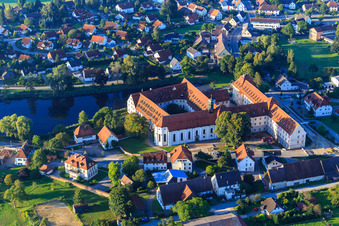 Aerial view of Boarding school and monastery church of St. Bernhard in the monastery Wald in Wald in the state Baden-Wuerttemberg, Germany