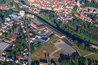 City Hall, New Market Hall, traffic training area and festival grounds on the banks of the Danube in Riedlingen in the state Baden-Wuerttemberg, Germany
