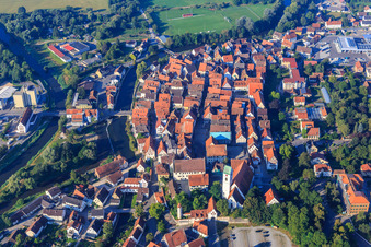 Historic old town with market square, Lange Straße and parish church of St. George in Riedlingen in the state Baden-Wuerttemberg, Germany
