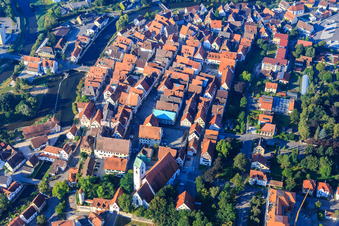 Aerial view of Historic old town with market square, Lange Straße and parish church of St. George in Riedlingen in the state Baden-Wuerttemberg, Germany