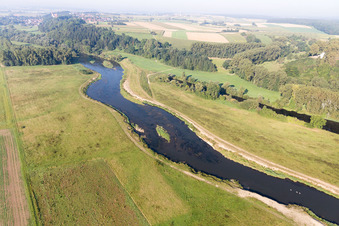 Aerial photograpy of Course of the Danube in the district Hundersingen in Herbertingen in the state Baden-Wuerttemberg, Germany