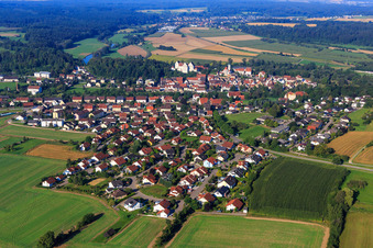 View of the town from the east in the Danube bend in Scheer in the state Baden-Wuerttemberg, Germany