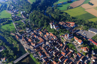 St. Nicholas Church, former paper factory Scheer and castle in the Danube bend in Scheer in the state Baden-Wuerttemberg, Germany