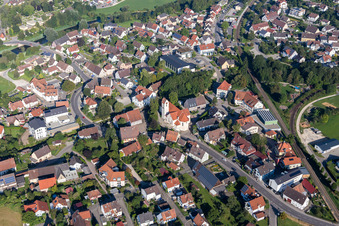 Aerial view of Village on the river bank areas of the river Danube in Sigmaringendorf in the state Baden-Wurttemberg, Germany